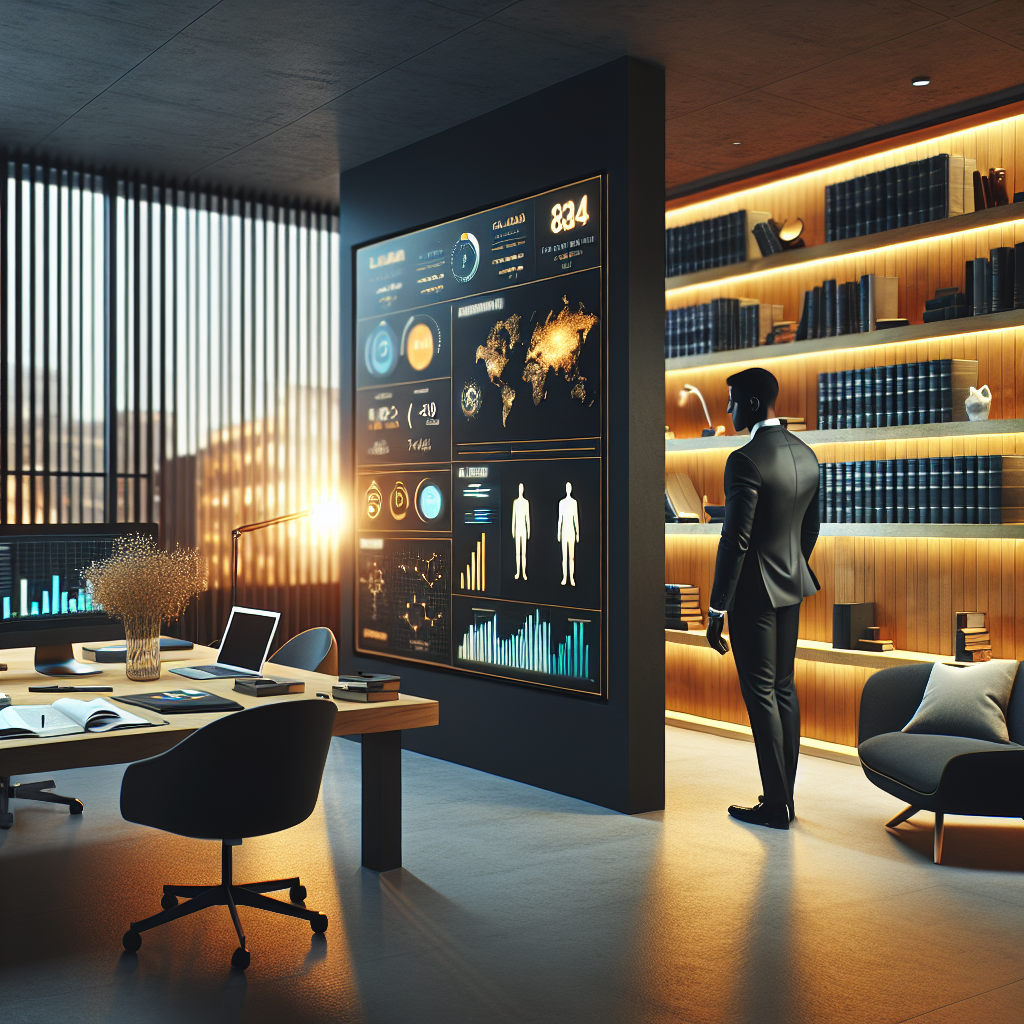 A modern law office interior, showcasing a sleek workspace designed for digital transformation. On one side, a large screen…