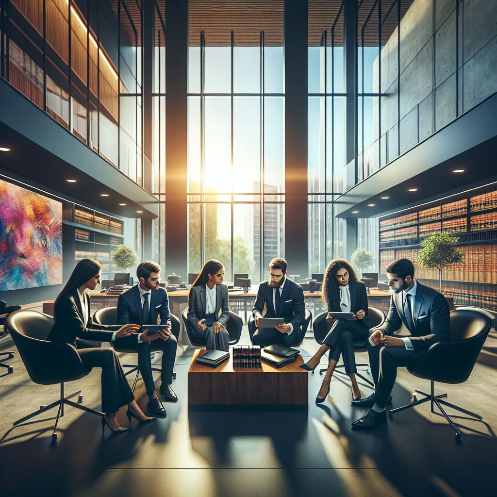 A modern law office interior, featuring a diverse group of young lawyers engaged in a collaborative discussion around a…