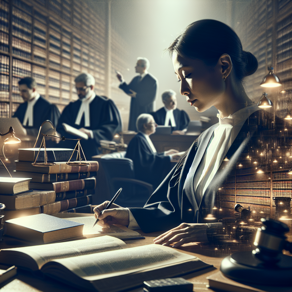 A modern courtroom scene capturing a focused attorney at work, surrounded by legal books and digital devices, symbolizing…