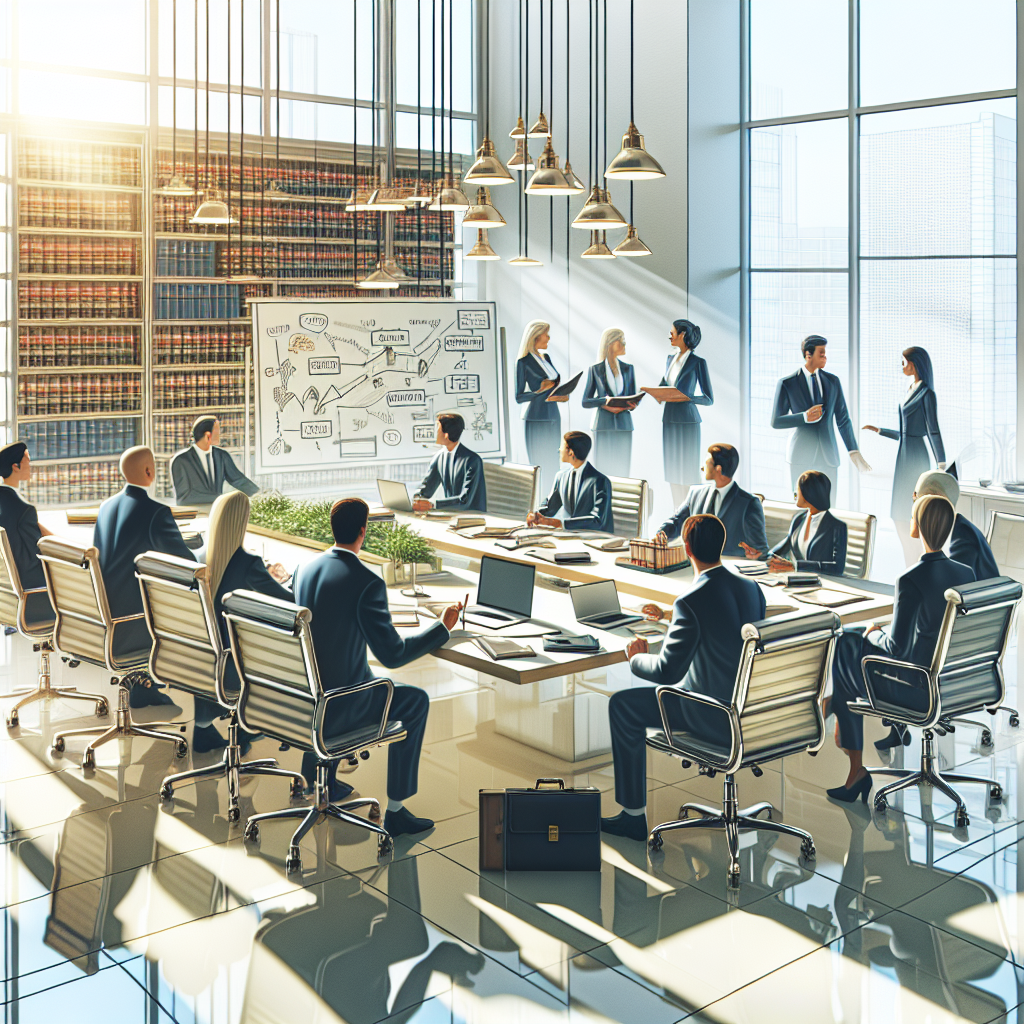 A modern law office interior, showcasing a diverse group of lawyers engaged in a dynamic seminar. The scene features a…