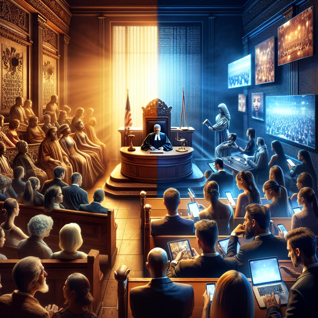An artistic representation of the evolution of the civil process, featuring a split scene. On the left, a traditional…