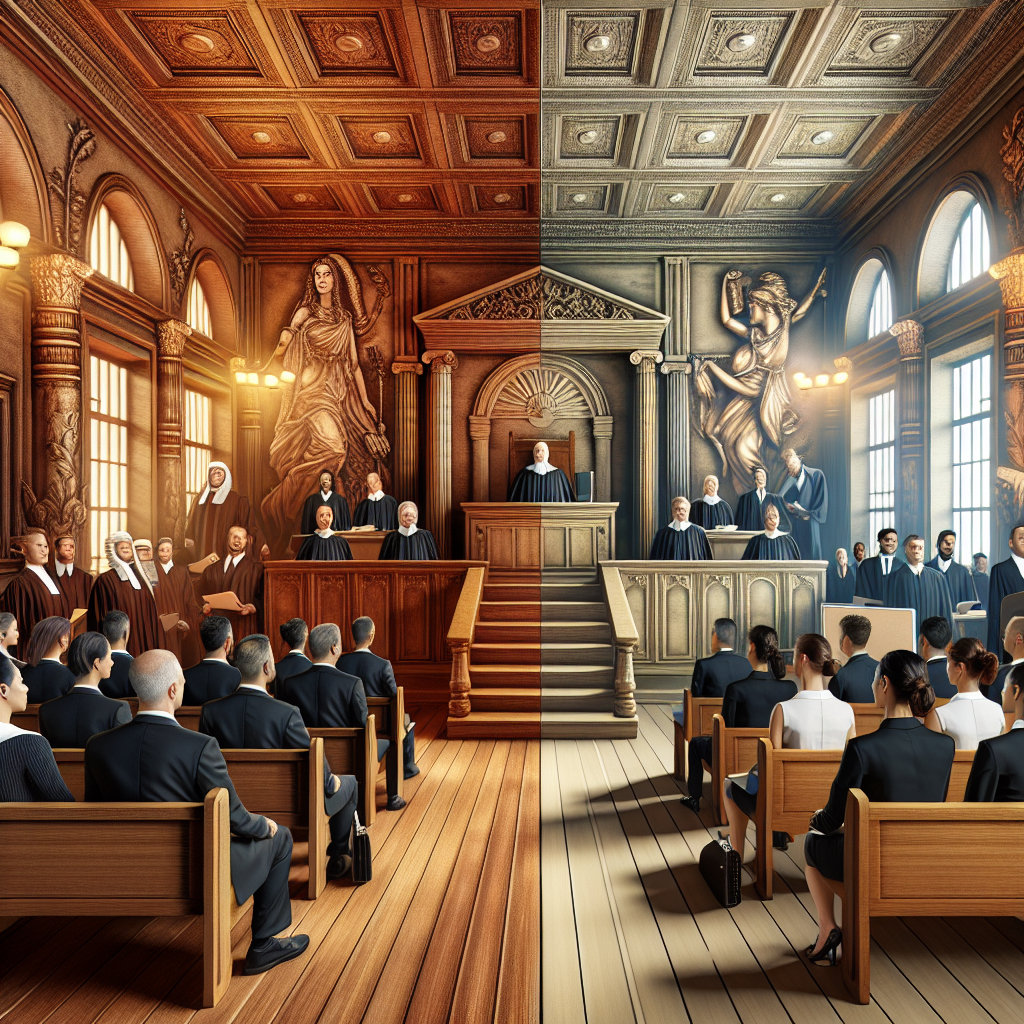 An elegant courtroom scene showcasing the evolution of civil processes. The setting transitions from a traditional wooden…