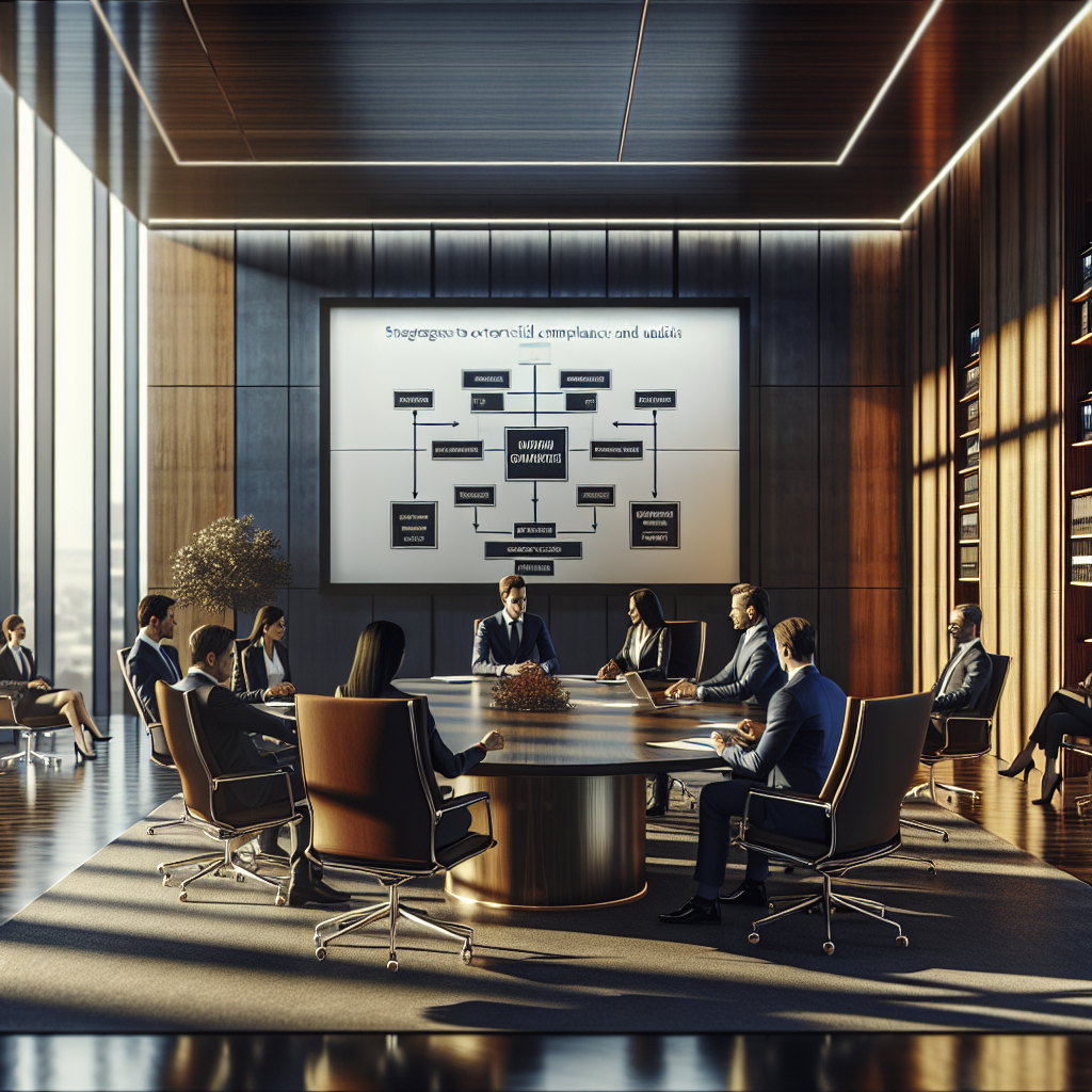 A sophisticated office setting with a modern conference table, featuring a diverse group of professionals engaged in a…