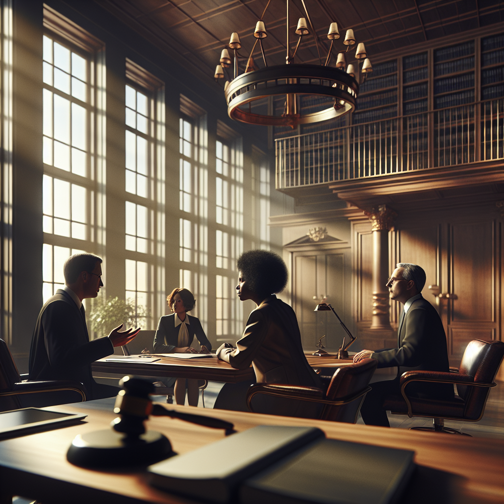 A modern courtroom interior, beautifully lit with warm, natural light streaming through large windows. The scene shows a…