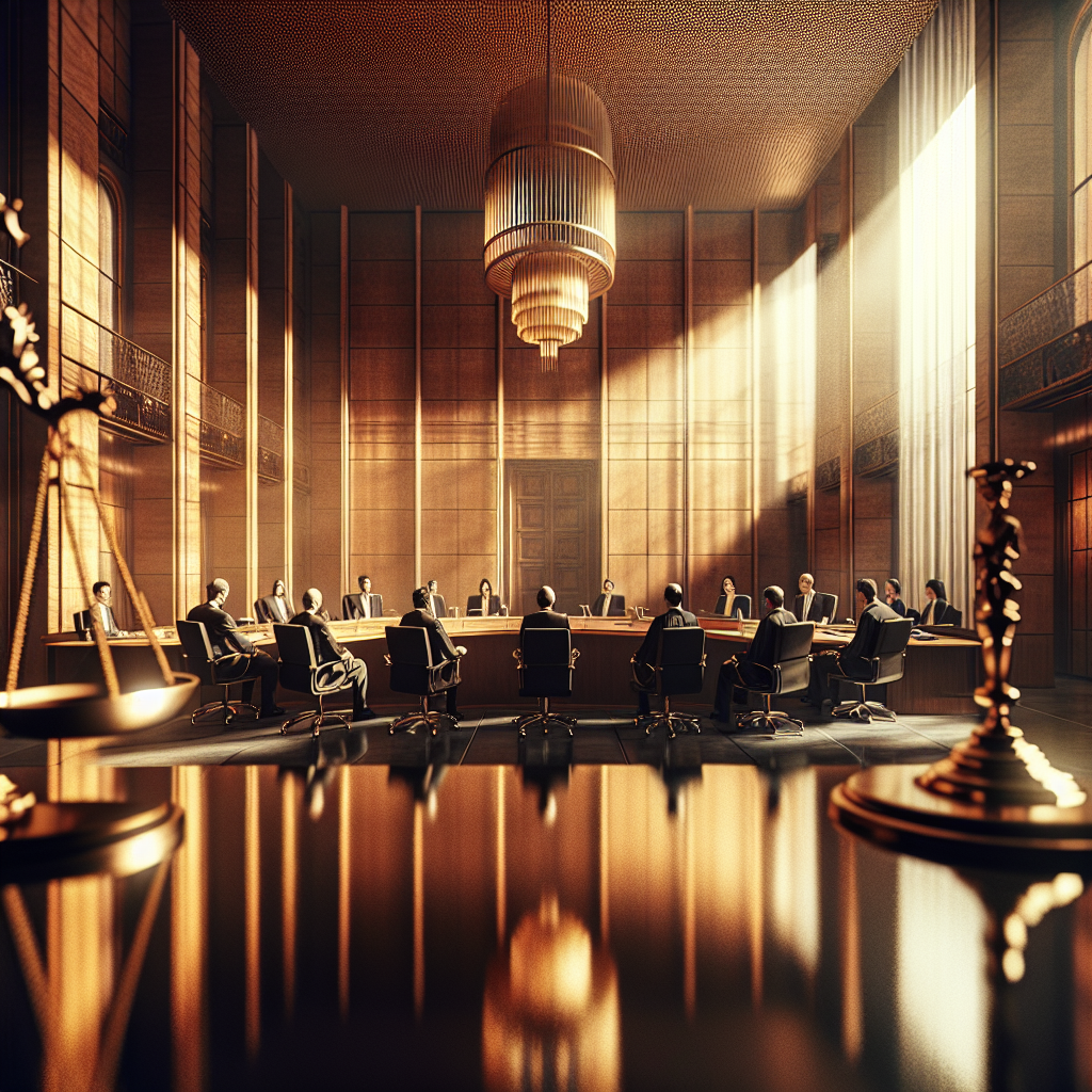 A modern courtroom interior, featuring a diverse group of judges and lawyers engaged in a respectful discussion. The room…