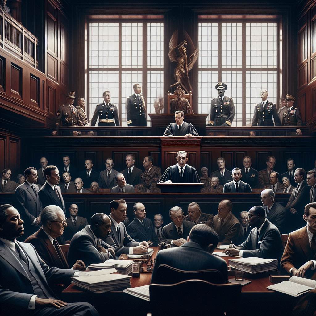 A dramatic courtroom scene depicting a military trial. A judge sits prominently at an elevated bench, adorned in…