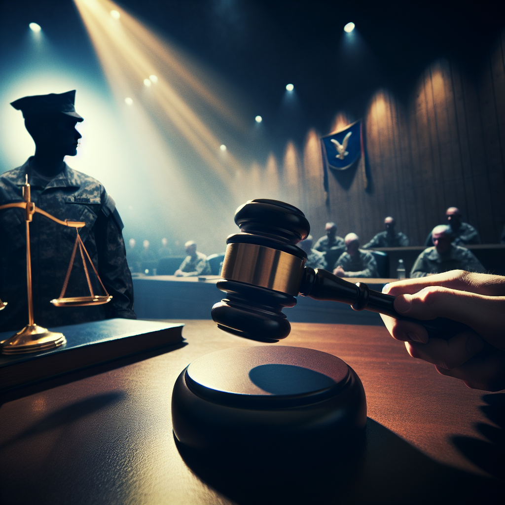 A dramatic courtroom scene showcasing a military trial, with a focus on the judge's gavel poised to strike, symbolizing…