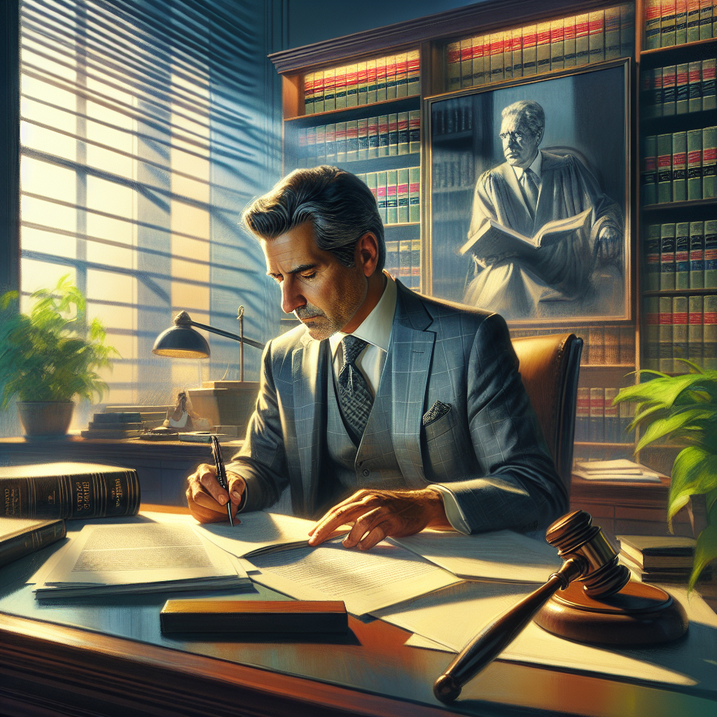 An intimate and contemplative scene depicting a lawyer in a sleek, modern office. The lawyer, a middle-aged Hispanic man…