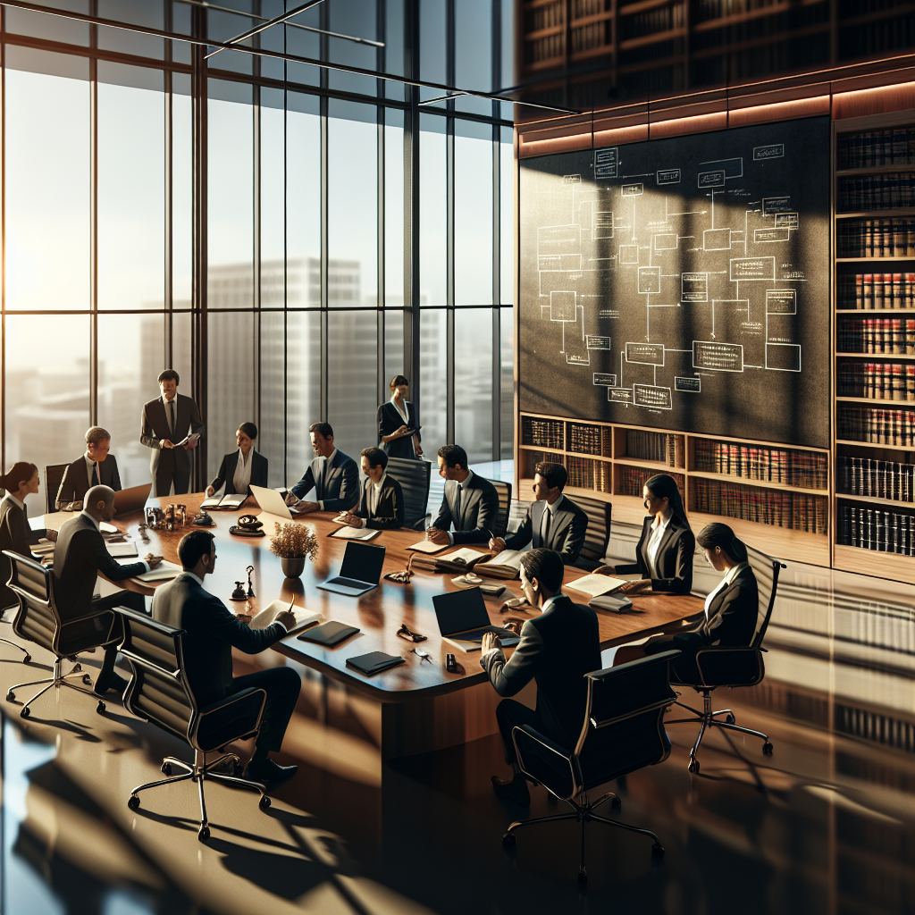 A modern office scene featuring a diverse group of lawyers engaged in a collaborative discussion. The room is filled with…