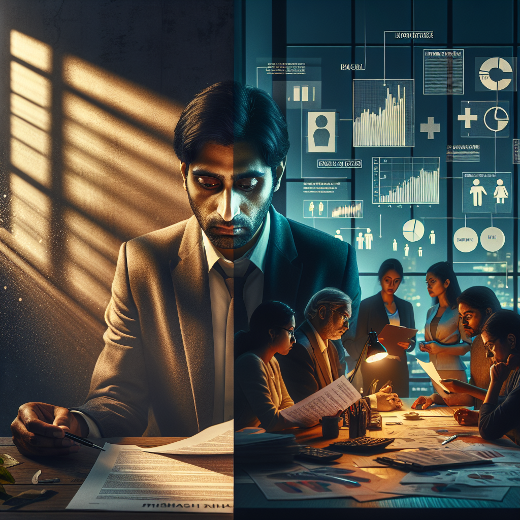 A thought-provoking visual representation of healthcare and consumer rights. The scene shows a split image: on one side, a…