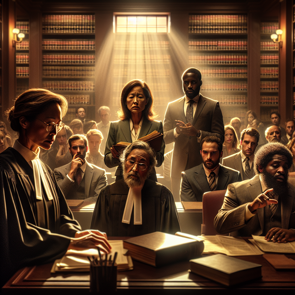 A dramatic courtroom scene depicting a judge presiding over a case related to health insurance claims. The room is filled…