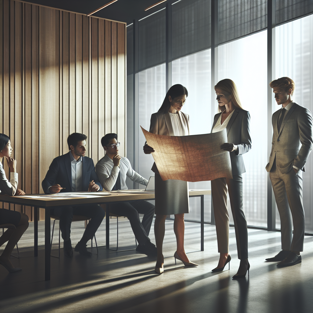 A modern office space featuring a diverse group of professionals engaged in a discussion about financial contracts. In the…