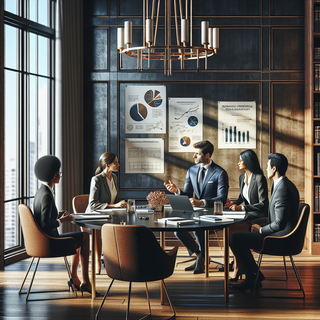 An elegant and modern interior scene depicting a sophisticated office environment. A diverse group of professionals is…