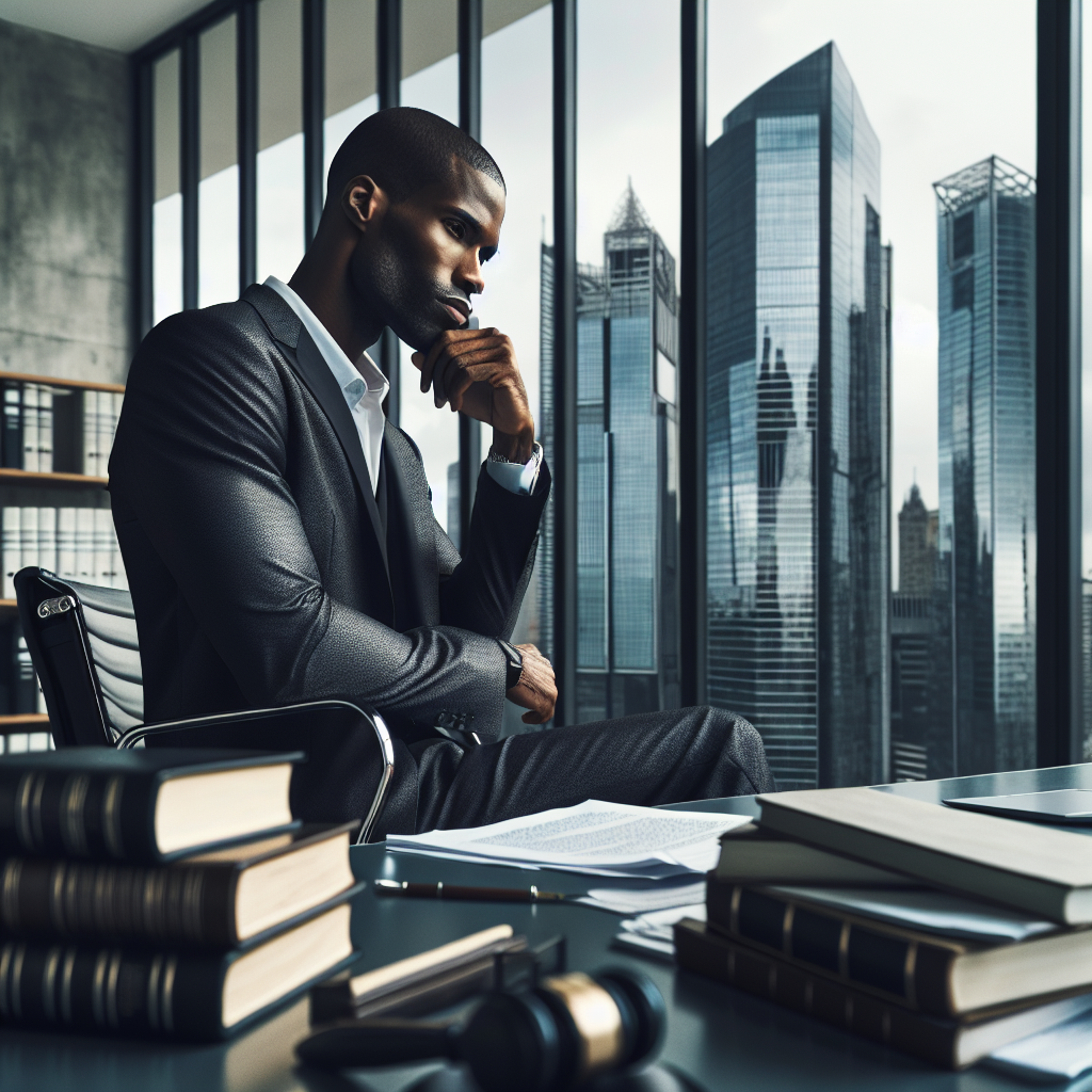 A modern office setting showcasing a thoughtful server of the Receita Federal, mid-30s, male, wearing business attire…