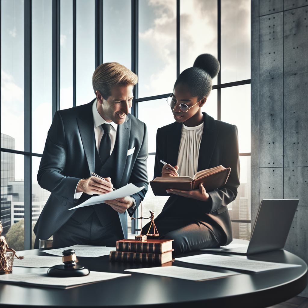 A modern office scene depicting a diverse group of professionals engaged in a collaborative discussion. A middle-aged male…