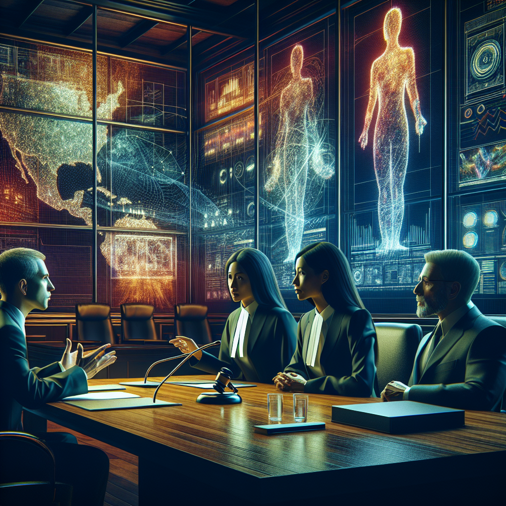 A modern courtroom scene showcasing a judge and lawyers engaged in a discussion about new evidence and the impact of…