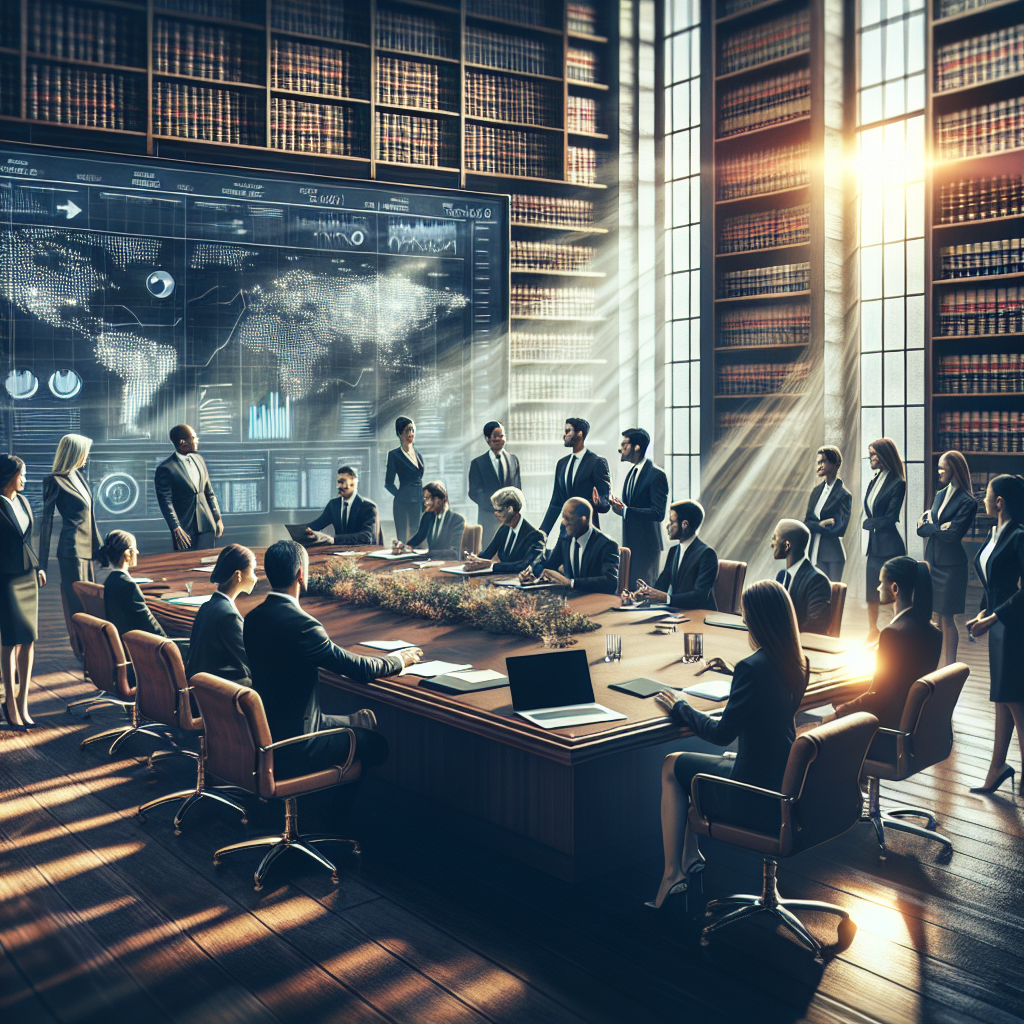 A modern, high-end editorial photograph capturing a vibrant legal office setting. The scene features a large conference…
