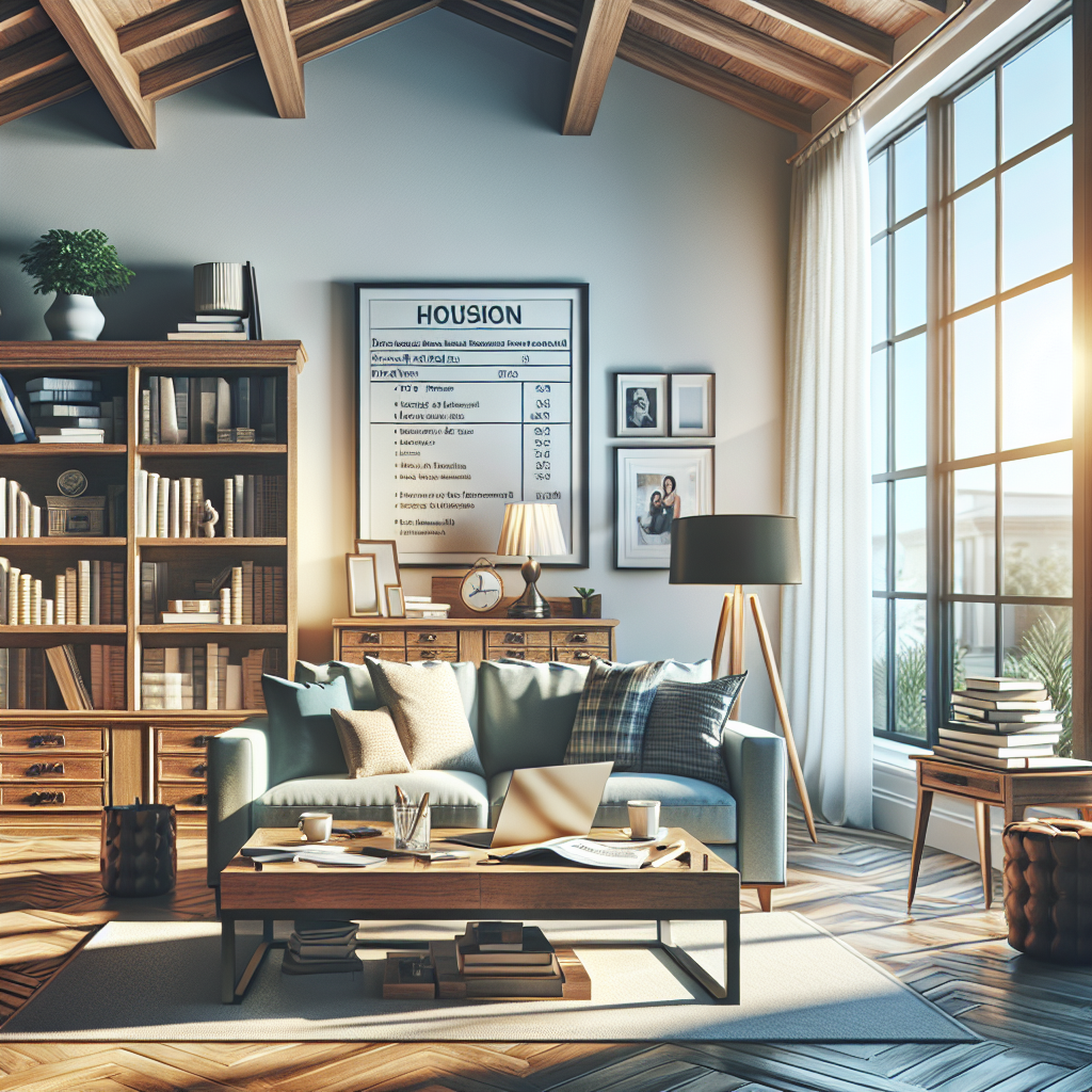 An indoor scene depicting a cozy living room with a large window letting in warm natural light. The room features a neatly…
