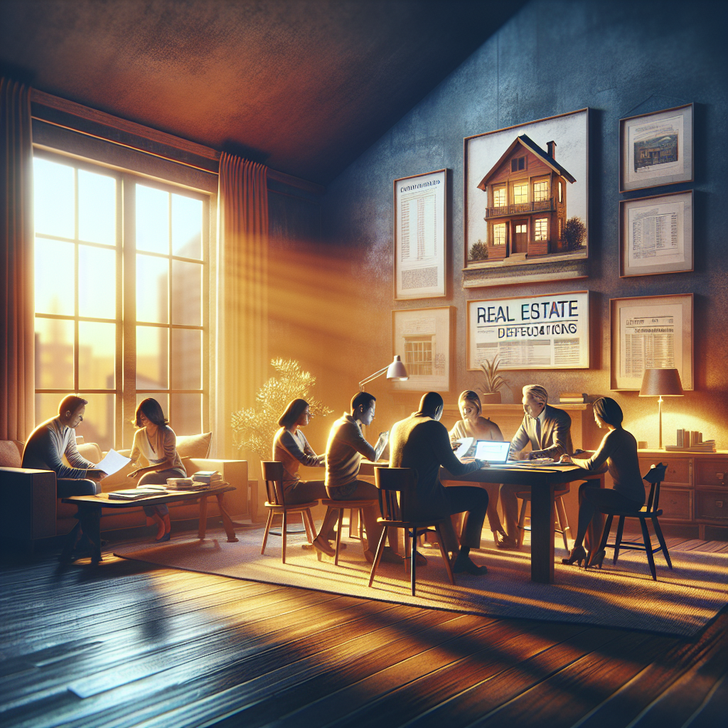A modern, editorial-style image depicting a warm, inviting living room with a family gathered around a dining table…