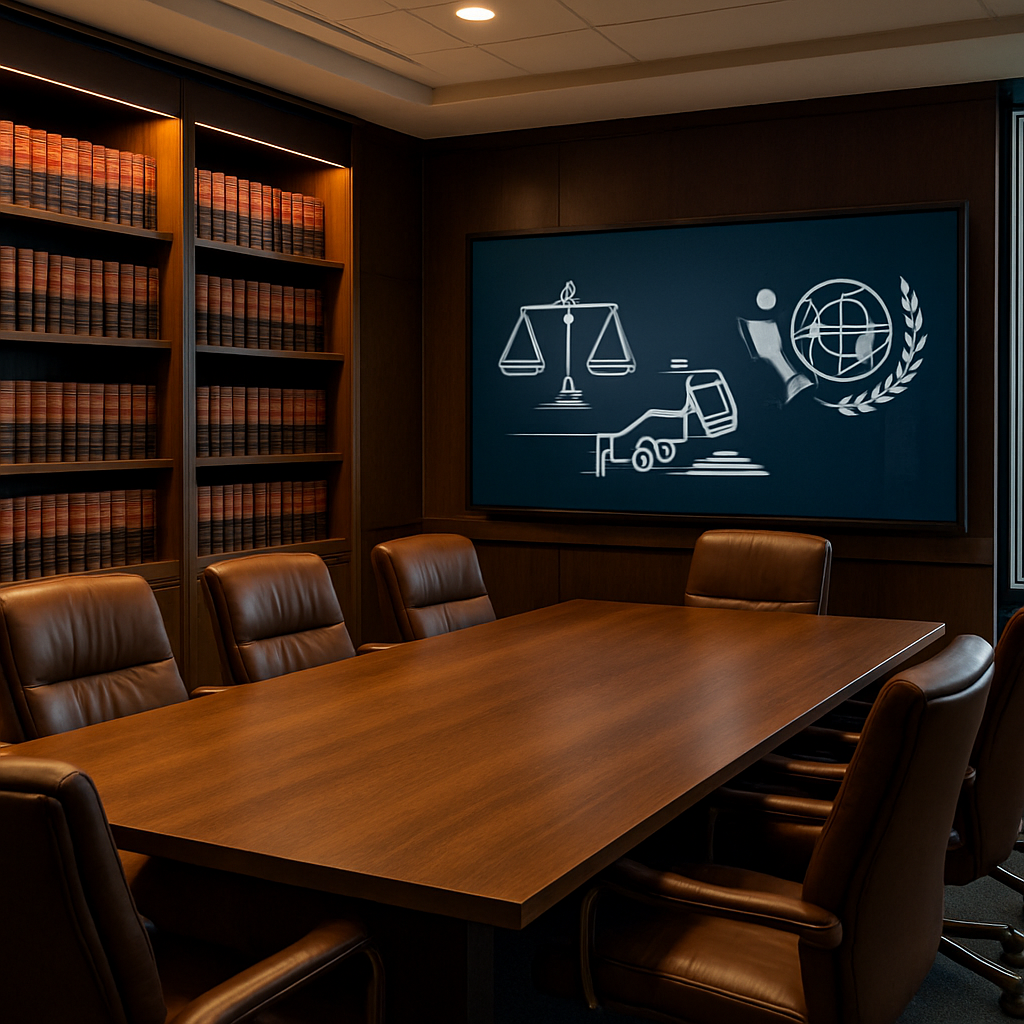A sophisticated and modern law office interior, showcasing a stylish conference room. The room features a large wooden…