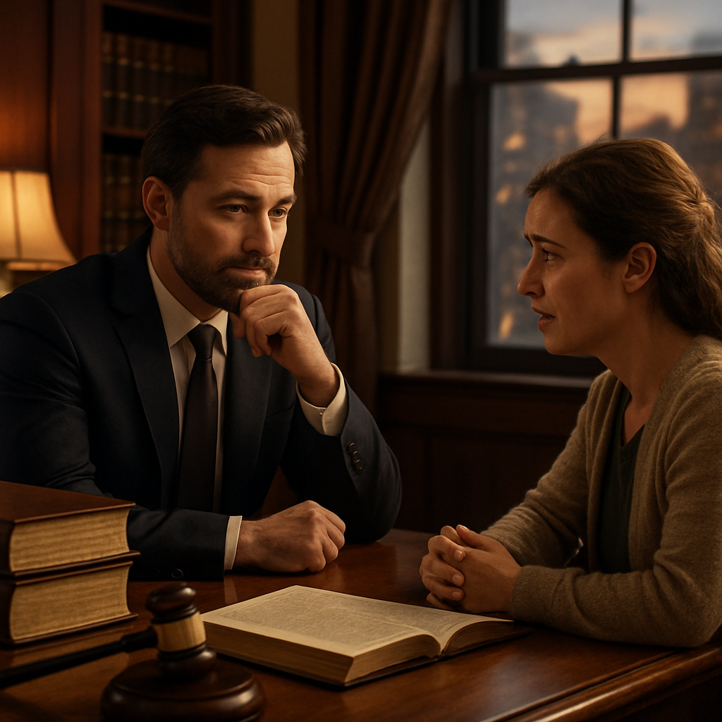 A contemplative law office interior, featuring a large wooden desk with legal books and a gavel. Soft, warm lighting…