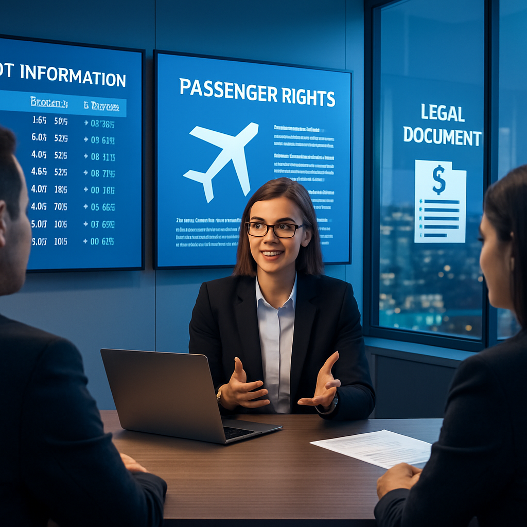 A modern law office interior with a sleek design showcasing digital interfaces. A young lawyer, Clara, is discussing…