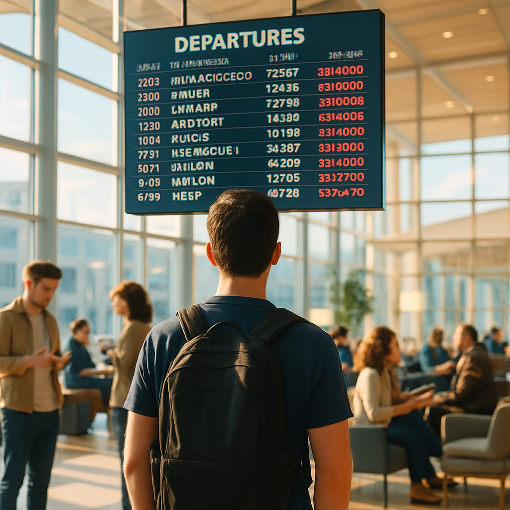 A modern airport terminal with a focus on a passenger looking at a departure board displaying delayed flights. The scene is…