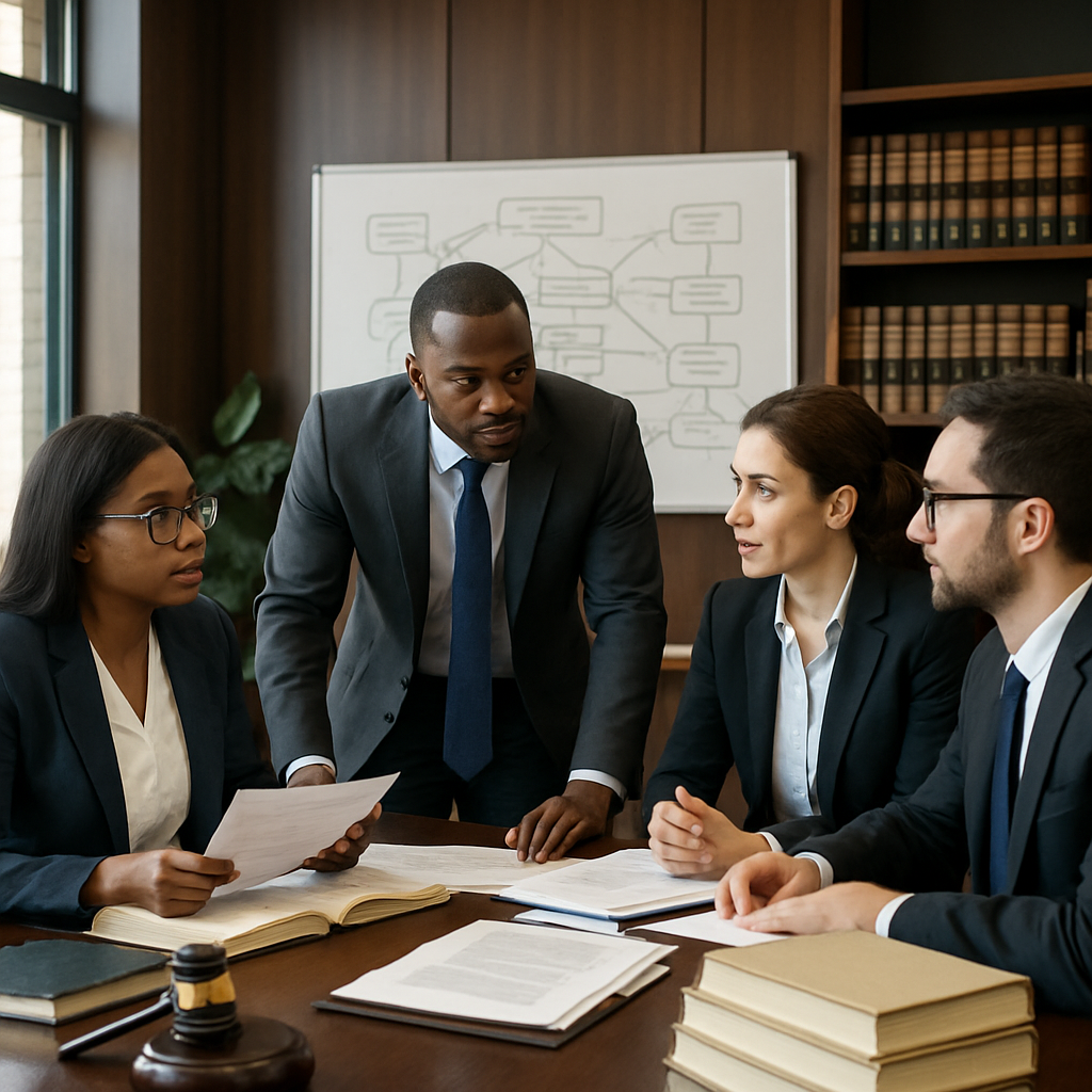 A modern law office interior featuring a group of diverse public attorneys engaged in a collaborative discussion. The room…
