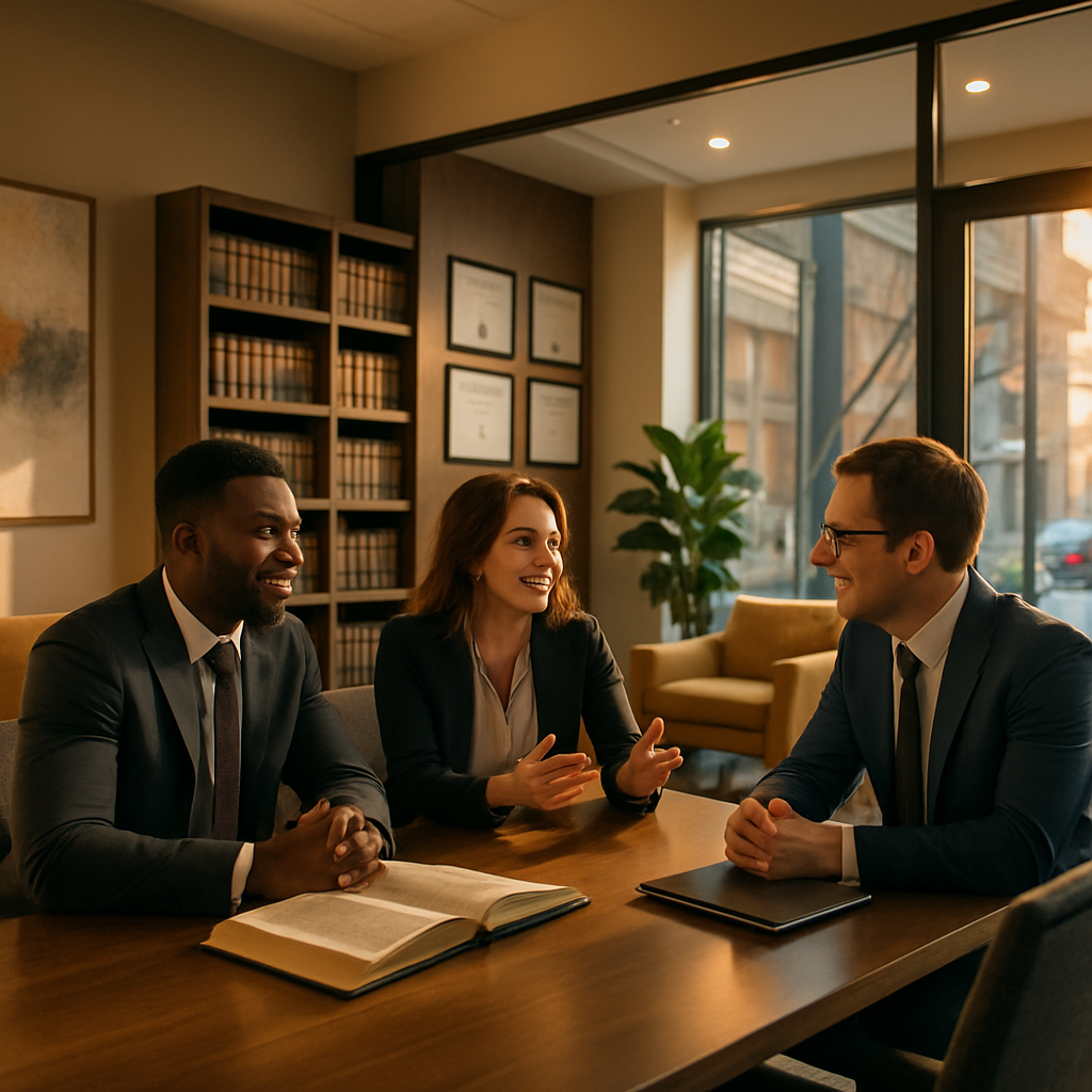 A modern, stylish law office interior with a warm, inviting atmosphere. In the foreground, a diverse group of three…