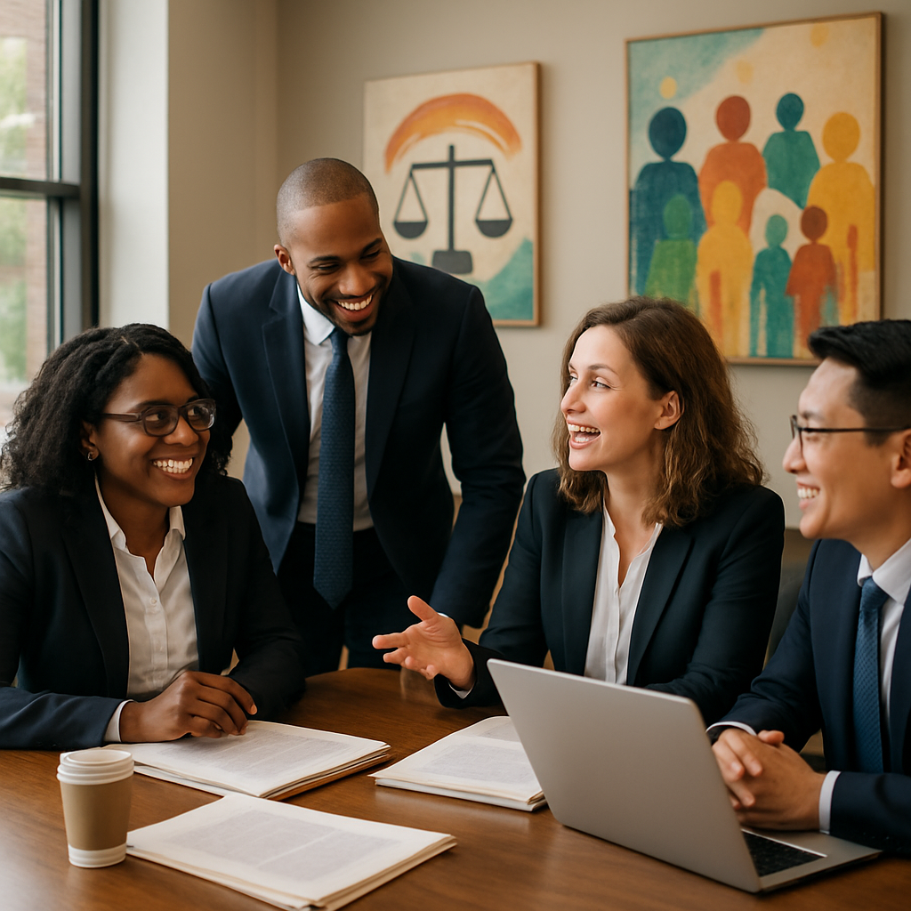 An inspiring scene in a modern legal office, showcasing a diverse group of lawyers engaged in a dynamic discussion around a…