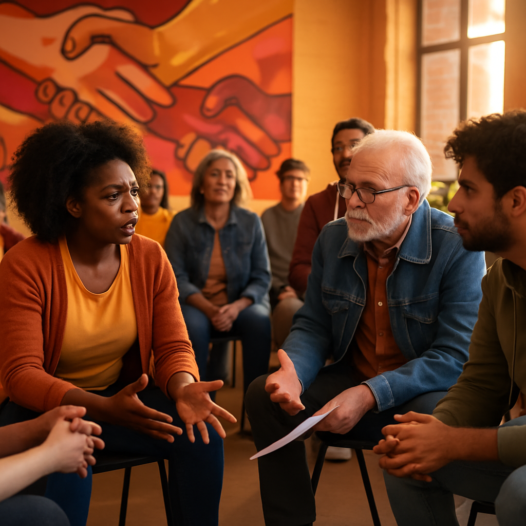 A powerful visual metaphor for social justice and advocacy, featuring a diverse group of people gathered in a vibrant…