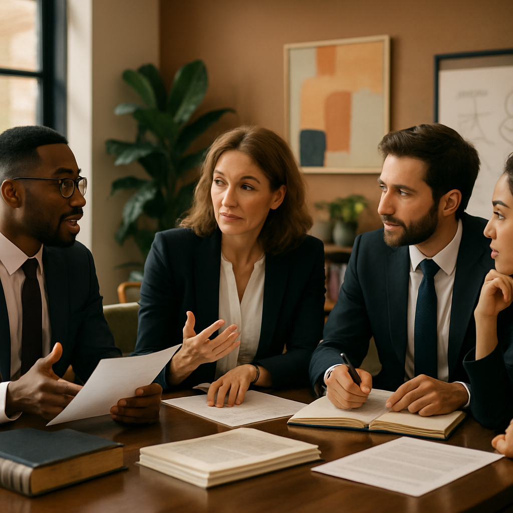 A modern, editorial-style image depicting a group of diverse, engaged lawyers in a stylish conference room. They are seated…