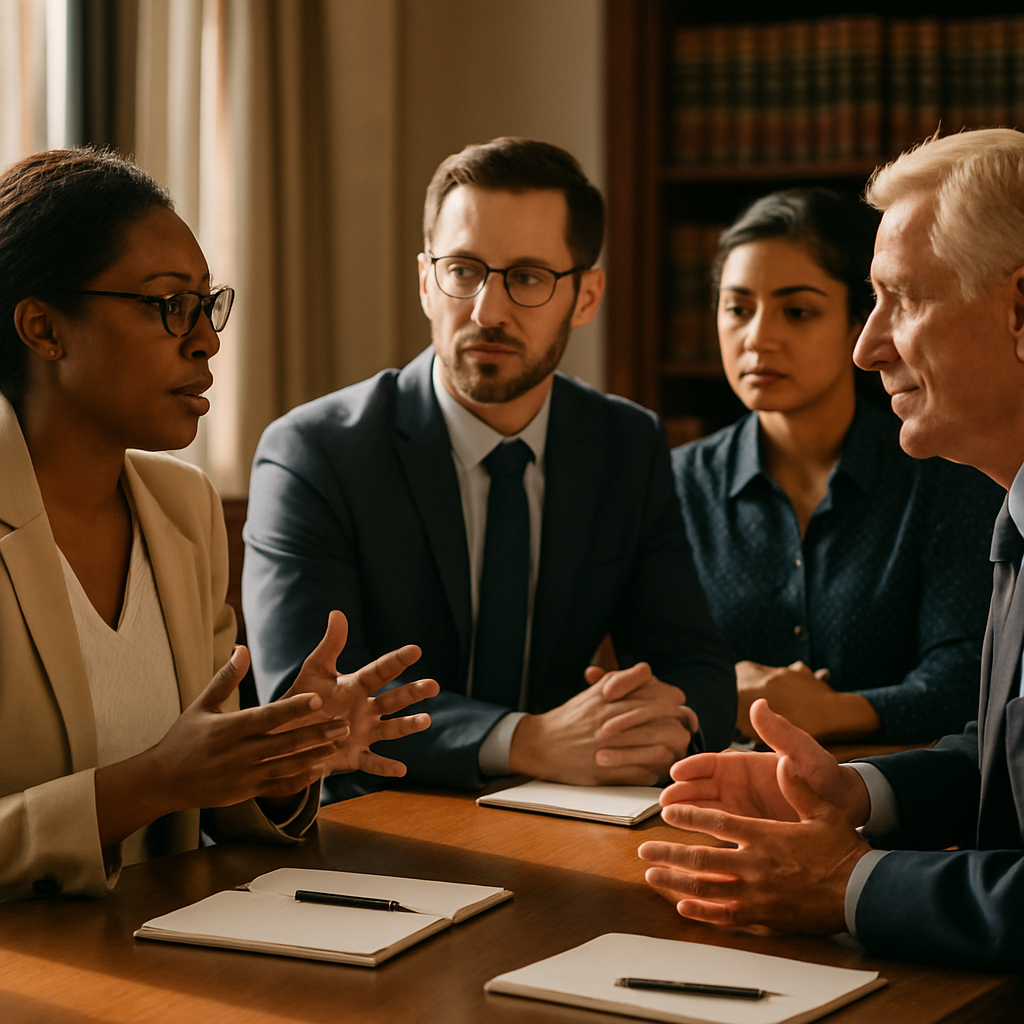 A modern, editorial-style photograph capturing a diverse group of people engaged in a respectful discussion around a wooden…